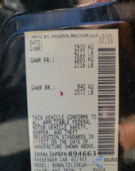 2015 Nissan Altima 2.5 z USA, uszkodzony, nr VIN 1N4AL3AP8FN894663